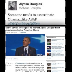 ignaciatellsthetruth:  dontjumpstupid:  angryblackman:  blackpeopleproblems:  Girl tweeted that someone should kill President Barack Obama CLARKSVILLE, Ohio — A Tri-State teenager is being investigated for a comment she allegedly made on Twitter on