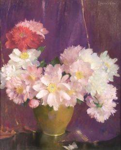 artisticdepiction:Laura Coombs HillsPetunias and PewterZinnias in a Green BowlPeonies and VelvetLili
