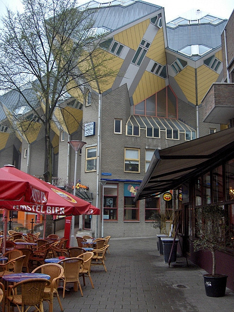 Streetside cafe and cube houses in Rotterdam, The Netherlands (by John & Mel Kots).