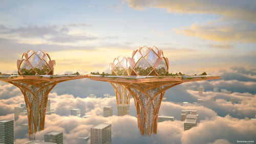 blaze-ferrari:  This futuristic City in the Sky by Hrama imagines a world where gardens and oases soar far above the congestion and pollution that at times mars magnificent cities such as London and New York. Situated far above the traffic and grit