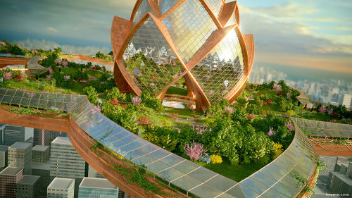 blaze-ferrari:  This futuristic City in the Sky by Hrama imagines a world where gardens and oases soar far above the congestion and pollution that at times mars magnificent cities such as London and New York. Situated far above the traffic and grit