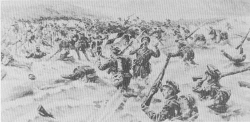 Drawing of the landing by the 1st Lancashire Fusiliers.