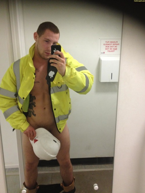 Fucking hot straight construction worker with his pants down, taking a photo of himself at in a publ