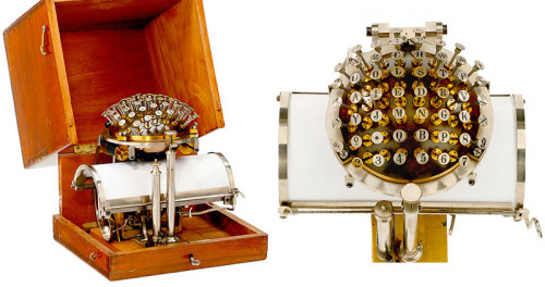 collectivehistory:  The Writing Ball ca. 1865 The Hansen Writing Ball was invented in 1865 by the Rasmus Malling-Hansen. The writing ball was first patented and entered production in 1870, and was the first commercially produced typewriter. Is it just