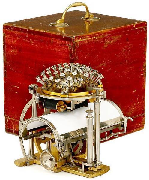 collectivehistory:  The Writing Ball ca. 1865 The Hansen Writing Ball was invented in 1865 by the Rasmus Malling-Hansen. The writing ball was first patented and entered production in 1870, and was the first commercially produced typewriter. Is it just