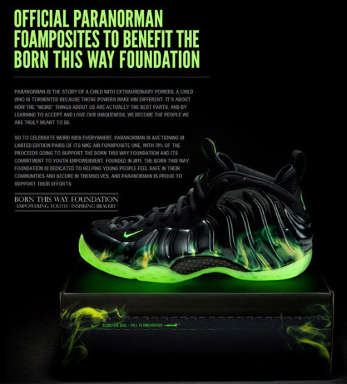 skymightfall:  Nike Air Foamposite One “ParaNorman” After the Twitter competition to win your own pair closed last month, Laika Studios (the film’s creators) are auctioning off eighty pairs over eBay with 70% of the profits going to charity.  Nike