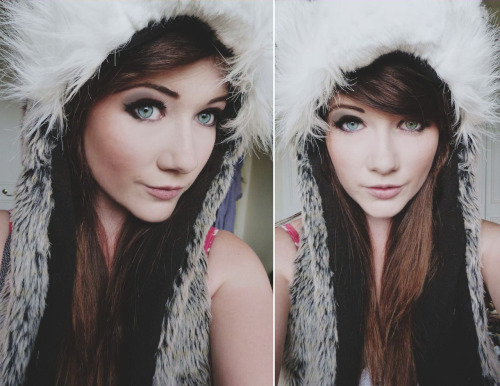 kittensandkellinquinn:  My eyes look a really, really weird colour in this D:  Wolf hat :3  