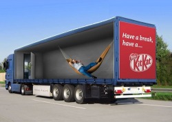 infinitives:  Painted Truck Optical Illusions on 123 Inspiration. These trucks include an advertisement for a Kit-Kat bar of a man following the slogan “Have a break, Have a Kit-Kat,”  an advertisement for FedEx of UPS trucks stuffed inside the large