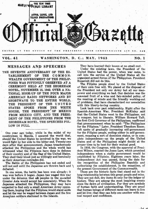 The wartime Official Gazette, circa 1943.
Learn more about the Official Gazette and its history. Visit: http://www.gov.ph/history-of-the-official-gazette/