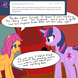 motherlyscootaloo:  ((Mod: …How exactly does Tumblr continuity work? Cause I’m certain these blogs weren’t canon for reasons, but hey crossovers are hella fun! So… today’s update features Miss Twilight Sparkle, Twilight from Twixie Answers