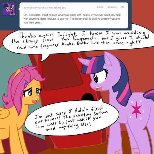 motherlyscootaloo:  ((Mod: …How exactly does Tumblr continuity work? Cause I’m certain these blogs weren’t canon for reasons, but hey crossovers are hella fun! So… today’s update features Miss Twilight Sparkle, Twilight from Twixie Answers