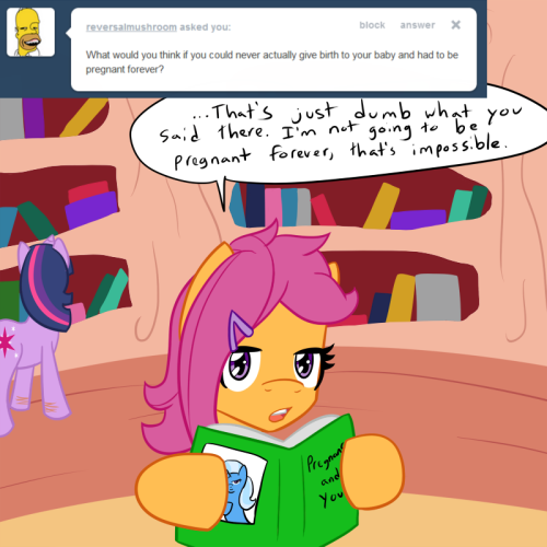 motherlyscootaloo:  ((Mod: …How exactly does Tumblr continuity work? Cause I’m certain these blogs weren’t canon for reasons, but hey crossovers are hella fun! So… today’s update features Miss Twilight Sparkle, Twilight from Twixie Answers