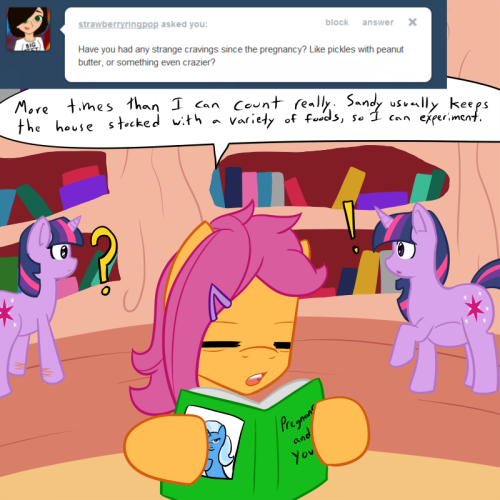 motherlyscootaloo:  ((Mod: …How exactly does Tumblr continuity work? Cause I’m certain these blogs weren’t canon for reasons, but hey crossovers are hella fun! So… today’s update features Miss Twilight Sparkle, Twilight from Twixie Answers