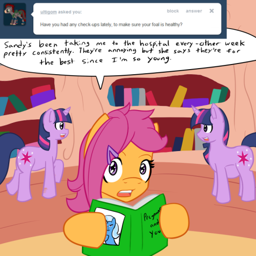 motherlyscootaloo:  ((Mod: …How exactly does Tumblr continuity work? Cause I’m certain these blogs weren’t canon for reasons, but hey crossovers are hella fun! So… today’s update features Miss Twilight Sparkle, Twilight from Twixie Answers