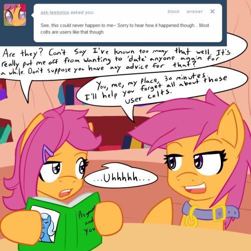 motherlyscootaloo:  ((Mod: …How exactly does Tumblr continuity work? Cause I’m certain these blogs weren’t canon for reasons, but hey crossovers are hella fun! So… today’s update features Miss Twilight Sparkle, Twilight from Twixie Answers