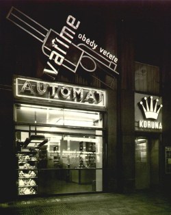 lostandfoundinprague:  Automat Koruna, Prague - neons and adverts by L.Sutnar 