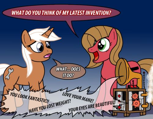 askpun:  Lefty Lucy isn’t the only inventor in Ponyville! Check out this fantastic morale device I created! Results have been… mixed. If you’d like to go see a pony who can actually invent for a living, check out Ask Lefty Lucy! Artwork by AniRichieScript