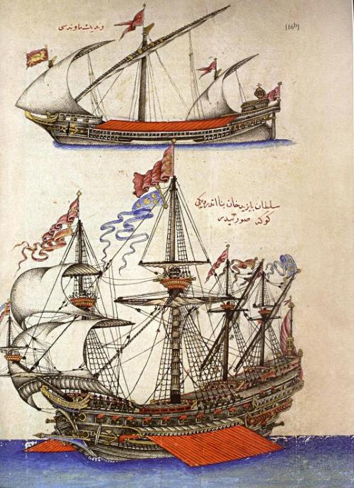 Top: A Venetian &ldquo;Mavna&rdquo; ship.Below: An Ottoman &ldquo;Goke&rdquo; ship belonging to the 