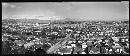 Panoramic view of Hollywood tract homes, 1930, looking east from Rossmore and Rosewood.