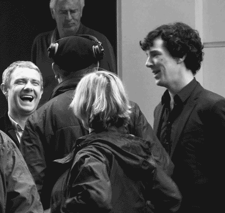 cumberbitch-freebitch:  lippmannette:  smolpaul: Have a gif of Martin and Benedict laughing  I love how Benedict appears to laugh harder when he sees Martin laughing      