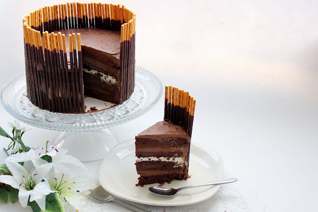 bakeddd:  mocha mousse marshmallow cream pocky cake click here for recipe 