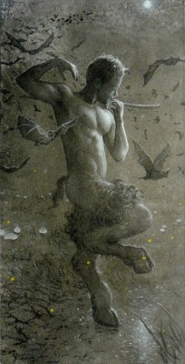 dianaandpansson:  Allen Todd Yeager - 2011 - Taylor as ‘Pan’s moonlight dance with Bats’ (Ink and Charcoal) 