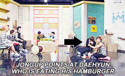 pandreos: daehyun gets caught eating jongup’s hamburger