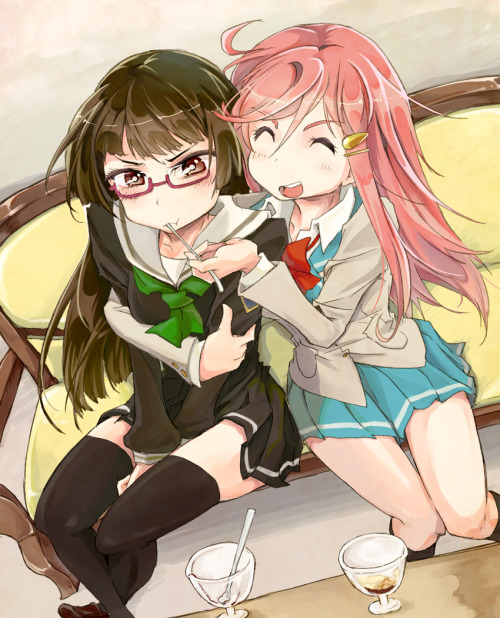 moyasidama:  2girls black hair black legwear brown eyes chiaki kurihara closed eyes couch feeding glasses hair ornament hairclip hime cut katou marika long hair merico413 miniskirt pirates multiple girls open mouth pink hair pleated skirt school uniform