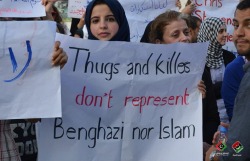 silenceispressing:  farhanist:  Muslims In Libya Condemn Violence, Apologize To Americans Buzzfeed  Seriously, I am so glad to see this. People are so easy to hate a group of people for what a select few have done. Hate the terrorists, not the religion.