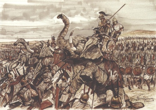 georgy-konstantinovich-zhukov:The Roman Army repulses the Carthaginian elephants at Zama, turning th