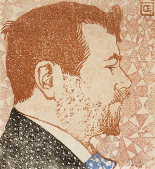 blastedheath:  Emil Orlik (Czech, 1870-1932), A Likeness of a Man. Coloured woodcarving on paper, 21 x 22 cm. 