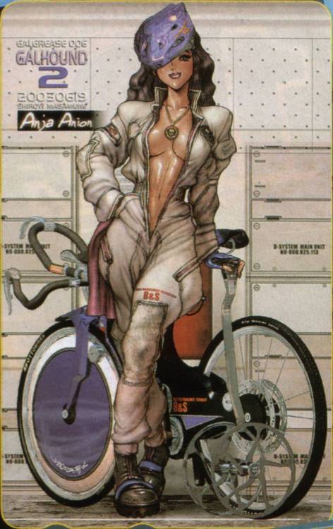 nakani-way:  ladybike:  1000th post! Have some bicycle girls art from Shirow Masamune!Galhound 2  士郎正宗