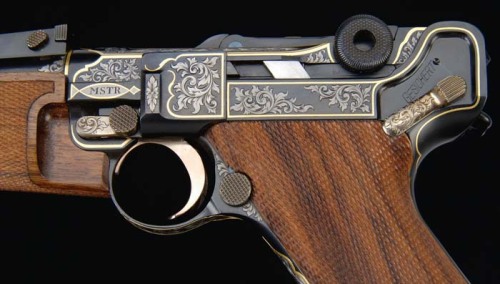 pimpingweapons:MARTZ LUGER GOLD INLAID CARBINE, BY LYNTON MCKENZIE. Cal. 9mm. SN 57231. 16” rnd bbl.