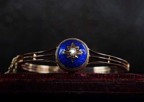 tekaihau:eriebasin:1870s Victorian Vitreous Blue Enamel &amp; Diamond Bracelet, 14K Gold, $1950S