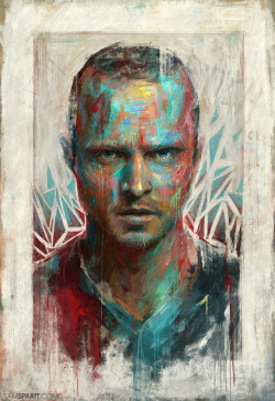 samspratt:  “Bitch” - Portrait of Aaron Paul/Jesse Pinkman by Sam Spratt These crazy colorful paintings are always the most relaxing to make. 