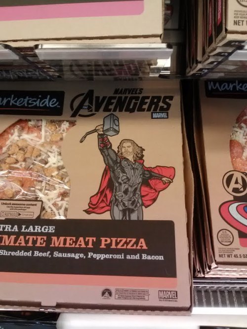 brodinsons:  glayish:  wishyouweremegan:  timelord903:  avengers: the pizza collection.  only at walmart  #of course thor gets the ultimate meat pizza  mm Thor’s just got so much sausage  Tony gets the “five cheese pizza” oh my god who was in charge