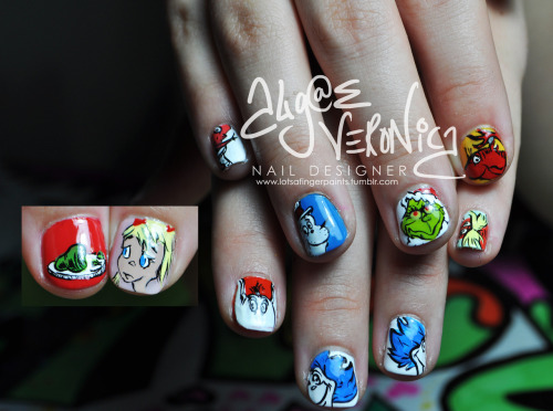 Dr. Seuss nails, so much fun! Did these for a very good friend of mine, who is having her Dr. Seuss-themed baby shower this weekend! :)