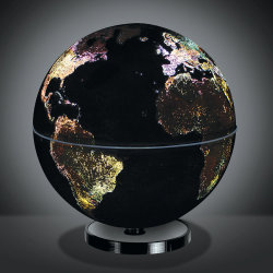 unknownskywalker:  The City Lights Globe This rotating globe illuminates to show how the world’s cities look at night from space. True to the view from orbit, the globe glistens with a soft white glow in major metropolitan areas throughout Eastern Europe