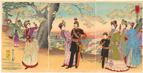 mademoiselle-iona: Emperor Meiji at Asukayama Park Woodblock print by Meiji-era artist Toyohara 