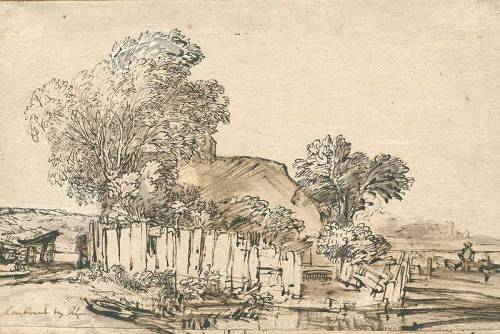 chasingtailfeathers:Rembrandt - Cottage with wooden fence amid trees 