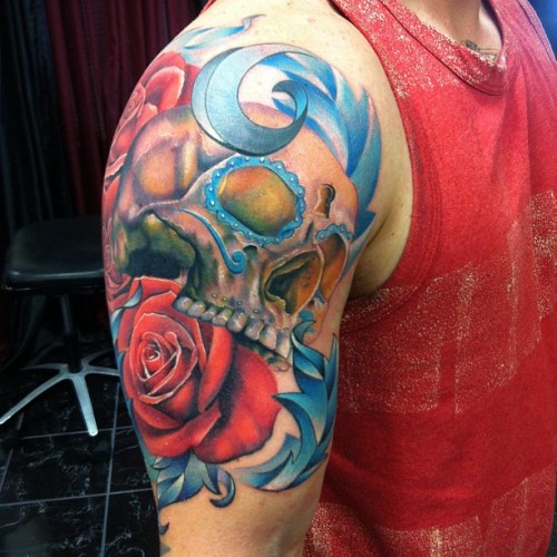 cecilporterstudios:  Sugar Skull with Roses and Feathers - 8 hours of work