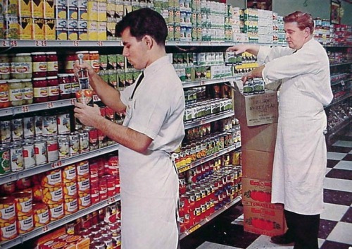 Stocking the shelves, c. 1960s(federal min wages for California)Minimum wage topped out at $1.00 in 