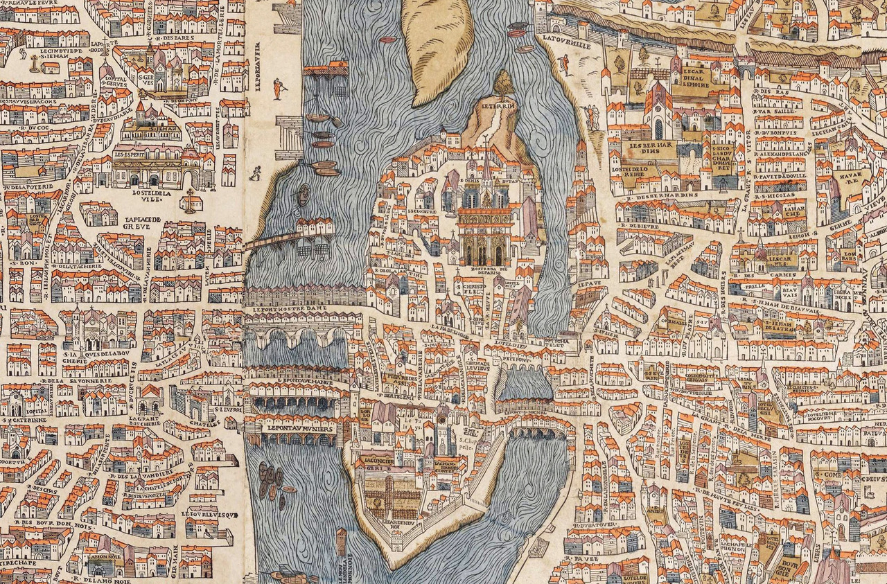  Detail of Île de la Cité, Le Marais, and Quartier Latin from a map of Paris, 1550