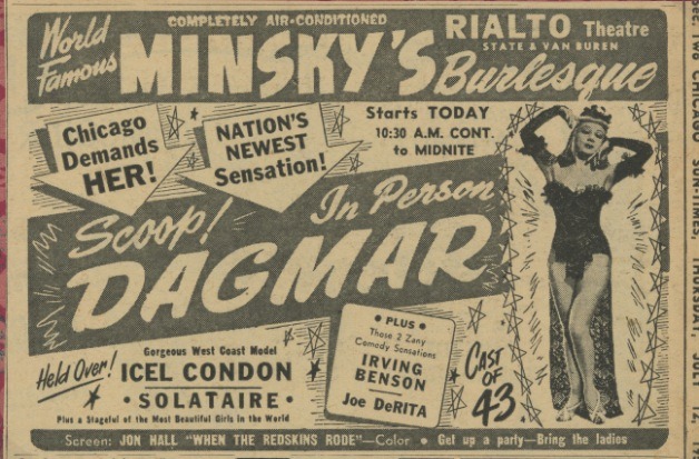 burlyqnell:   Dagmar   (aka. Virginia Blair)  Vintage newspaper promo ad for the