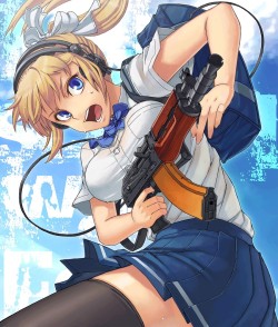 sokak:  1girl aks-74u assault rifle bag black legwear blonde girl (itou) blonde hair blue eyes breasts gun headphones highres holding itou (onsoku tassha) long hair original ponytail rifle school uniform skirt solo thighhighs weapon