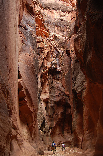 Hiking into Buckskin Gulch, reputed to be the deepest, darkest and narrowest slot canyon in North Am