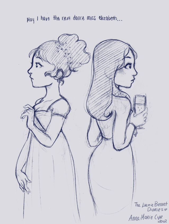 Quick sketch of two Elizabeths. The story is progressing…. hohoho. I referenced the dress from the 2005 movie. I really like the costumes in that version. ( I also like the 1995 version…actually I like all the versions… ) Pride and Prejudice.