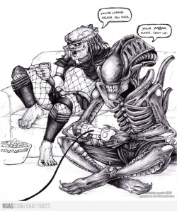 Me (Predator) picking on my girlfriend (Alien) while gaming.