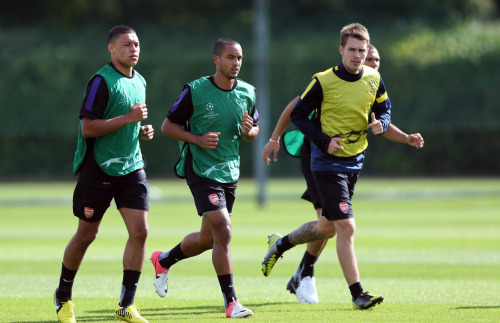 during a training session at London Colney on September 17, 2012 ahead of CL group stage match again