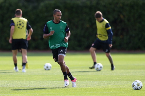 during a training session at London Colney on September 17, 2012 ahead of CL group stage match again